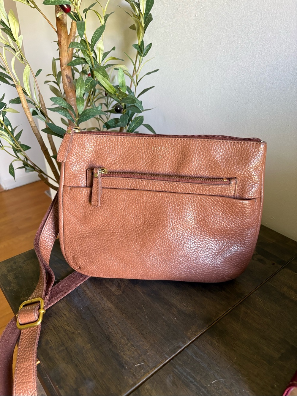 Fossil Issue No. 1954 Brown Pebbled Leather Crossbody Bag